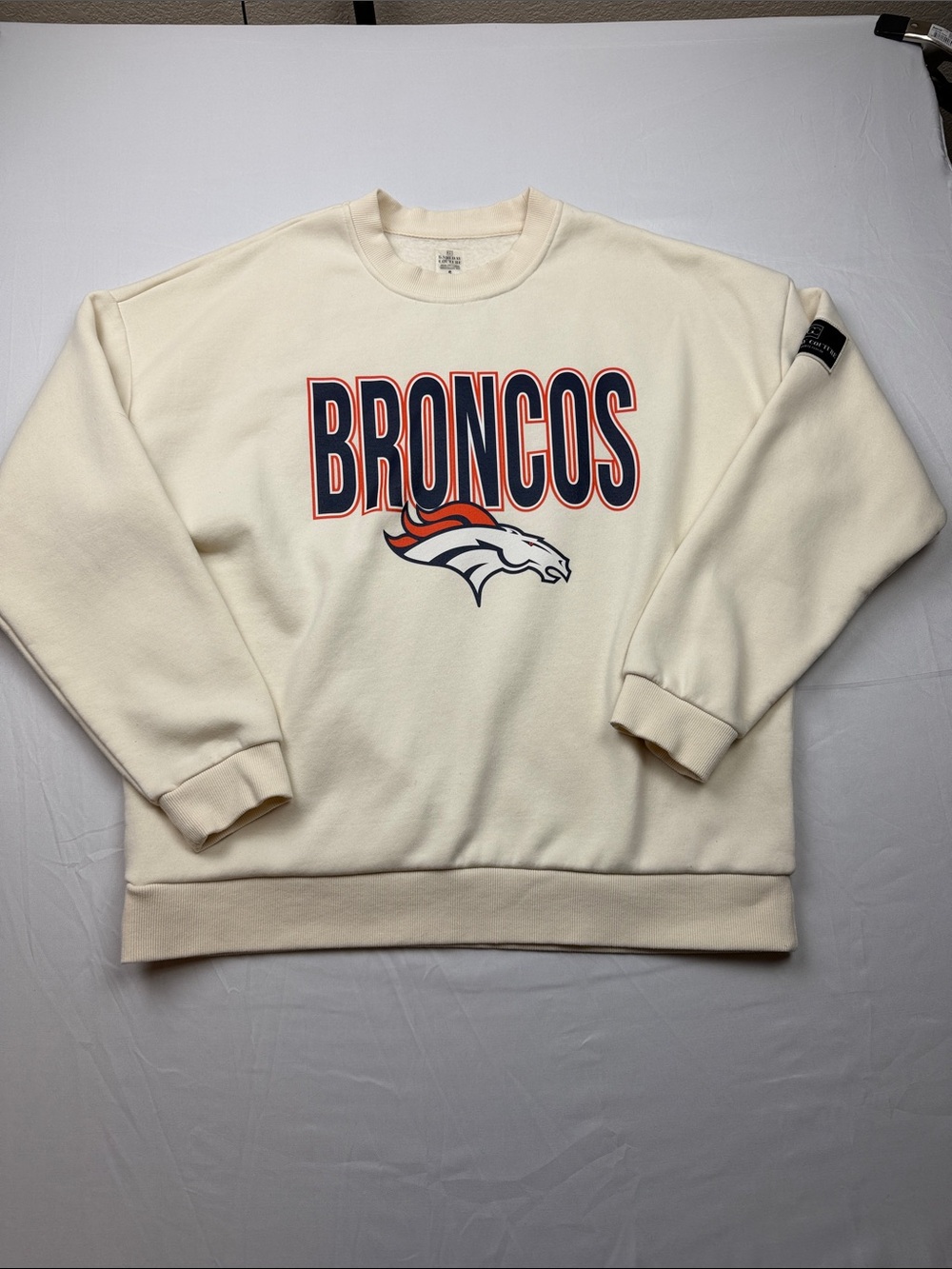 Denver Broncos Cream Crewneck Sweatshirt with Navy & Orange Logo